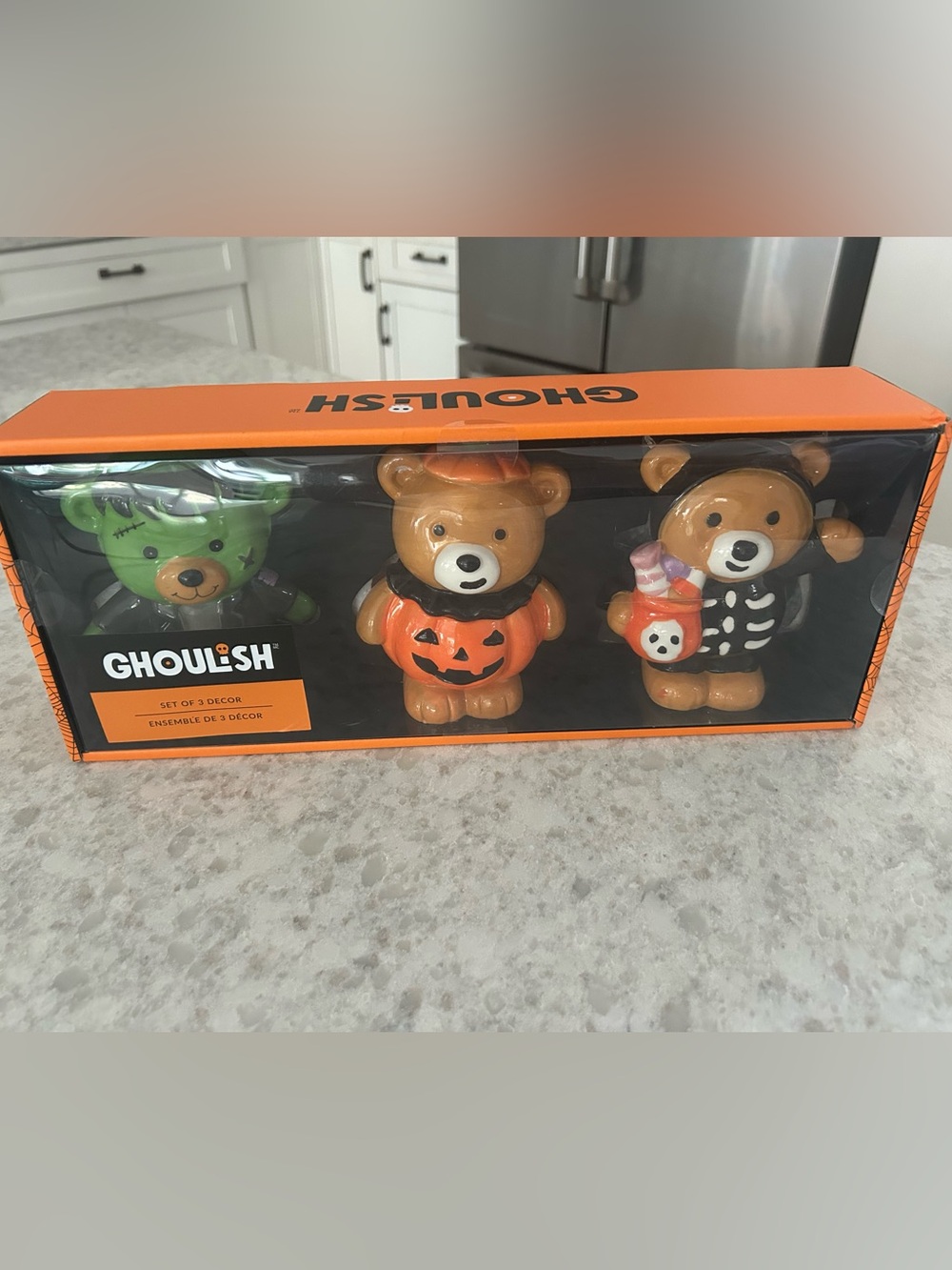 “New” Ghoulish Halloween Teddy Bear Figurine Set-Skeleton/ Pumpkin /Frankenstein